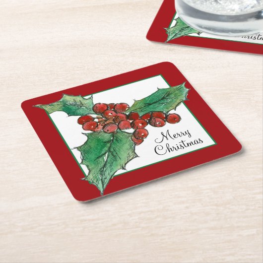 Holly Berries Botanical Plant Art Vrolijk Kerstfee Kartonnen Onderzetters (Schuin)