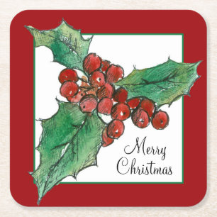 Holly Berries Botanical Plant Art Vrolijk Kerstfee Kartonnen Onderzetters