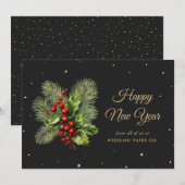 Holly Berries Botanisch Zwart Gelukkig Nieuwjaar K Feestdagenkaart (Voorkant / Achterkant)