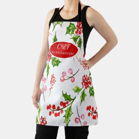 Holly Berries Branches Holiday Apron Schort (Insitu)