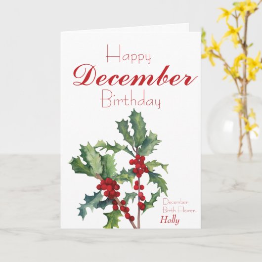 Holly Berries December Birthday Kaart (Gele Bloem)
