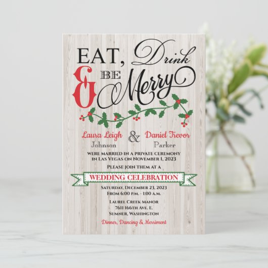 Holly, Berries, Eet, Drink en wees vrolijk bruilof Kaart (Staand voorkant)