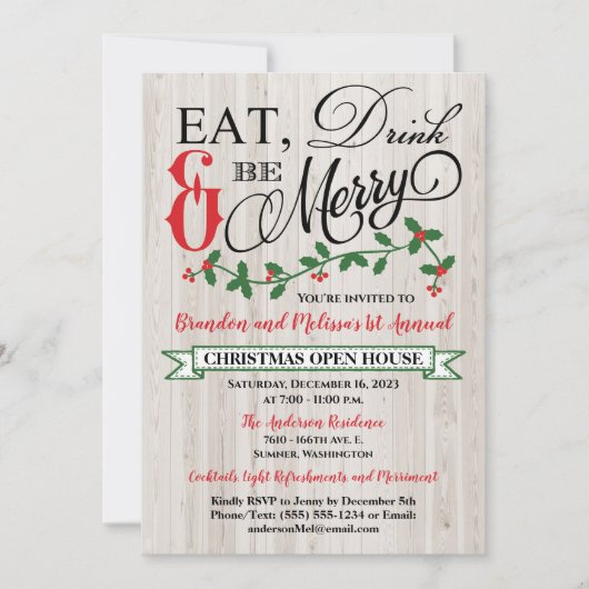Holly, Berries, Eet, Drink en Wees vrolijk feest Kaart (Voorkant)