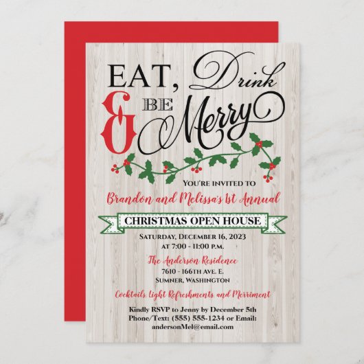 Holly, Berries, Eet, Drink en Wees vrolijk feest Kaart (Voorkant / Achterkant)