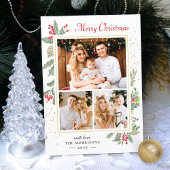 Holly Berries Elegant Chic Merry 3 Foto Feestdagenkaart