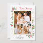Holly Berries Elegant Chic Merry 3 Foto Feestdagenkaart (Voorkant)