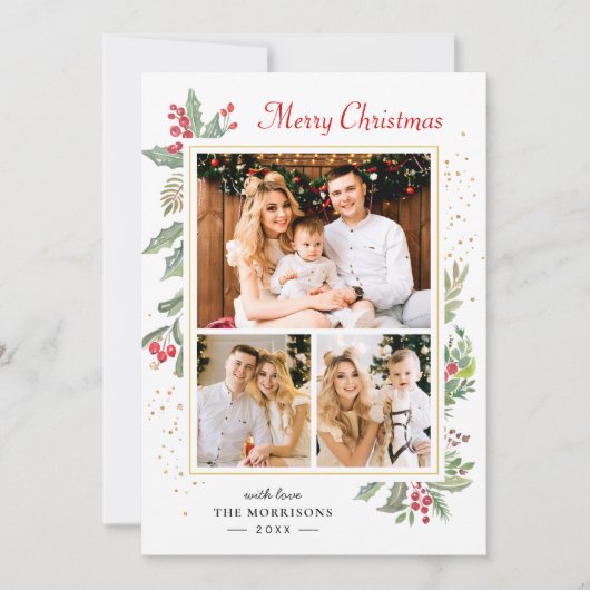 Holly Berries Elegant Chic Merry 3 Foto Feestdagenkaart (Voorkant)