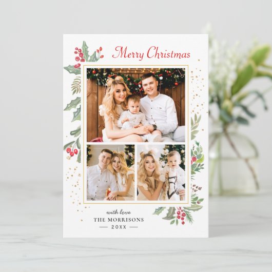 Holly Berries Elegant Chic Merry 3 Foto Feestdagenkaart (Staand voorkant)