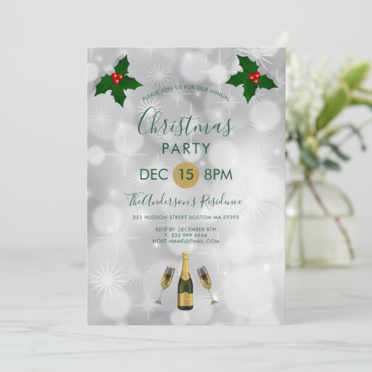 Holly Berries en Champagne Kaart (Staand voorkant)