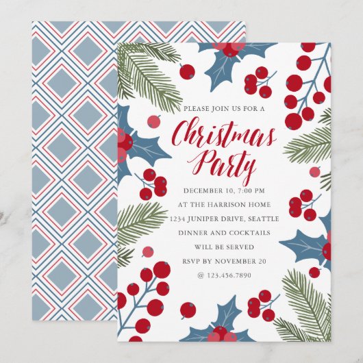 Holly Berries en Ferns kerstparty Kaart (Voorkant / Achterkant)