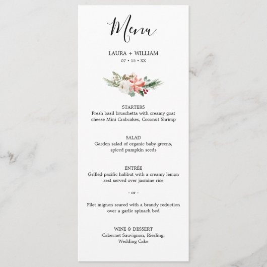 Holly Berries en Floral kerstbruilding diner Menu (Voorkant)