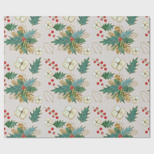 Holly, Berries en kerstRoos Cadeaupapier (Vlak)