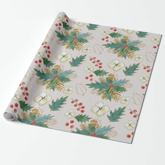 Holly, Berries en kerstRoos Cadeaupapier (Uitgerold)