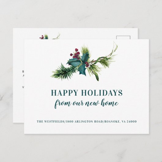Holly Berries en Pine New Home Holiday Moving Aankondigingskaart (Voorkant / Achterkant)