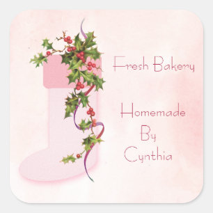 Holly Berries en Roze Stocking Holiday Vierkante Sticker