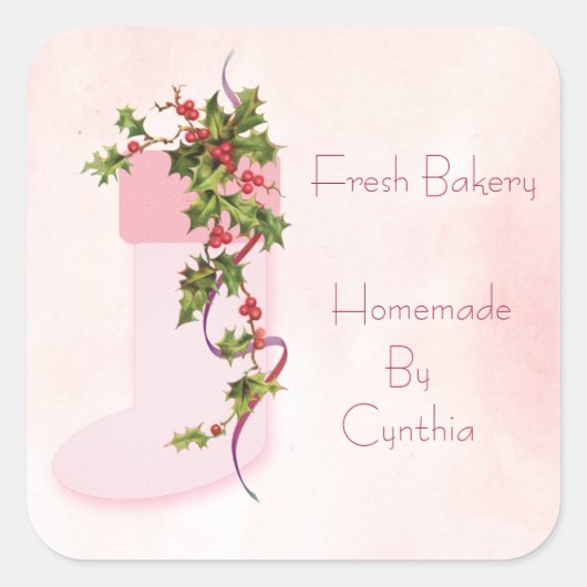 Holly Berries en Roze Stocking Holiday Vierkante Sticker (Voorkant)