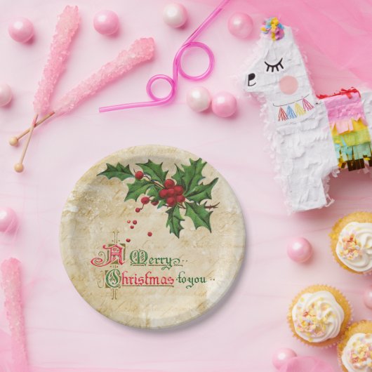  Holly Berries en vrolijk kerstbericht Papieren Bordje (Feest)