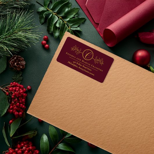 Holly | Berries Faux Gold Monogram Return Address Etiket