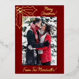 Holly & Berries Feestelijke Rood & Goud Kerst Folie Feestdagenkaart