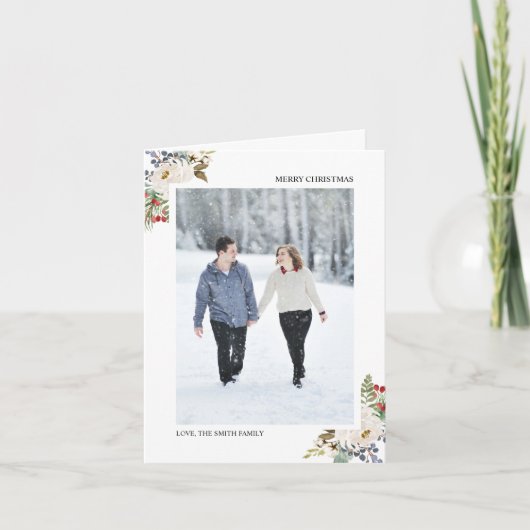 Holly Berries & Floral Season's Greetings 2 Foto Feestdagen Kaart (Voorkant)