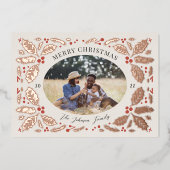 Holly Berries Foto kerstbeige Folie Feestdagenkaart (Voorkant)