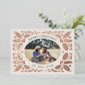 Holly Berries Foto kerstbeige Folie Feestdagenkaart (Staand Voorkant)