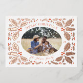 Holly Berries Foto Kerstmis, rood Folie Feestdagenkaart (Voorkant)