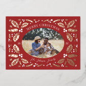 Holly Berries Foto Kerstrood Folie Feestdagenkaart (Voorkant)