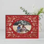 Holly Berries Foto Kerstrood Folie Feestdagenkaart (Staand Voorkant)