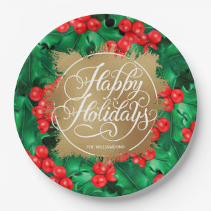 Holly Berries Gold Faux Folie Holiday Papieren Bordje