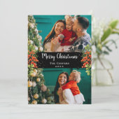 Holly Berries Gold Glitter Merry 2 Foto Feestdagenkaart (Staand voorkant)