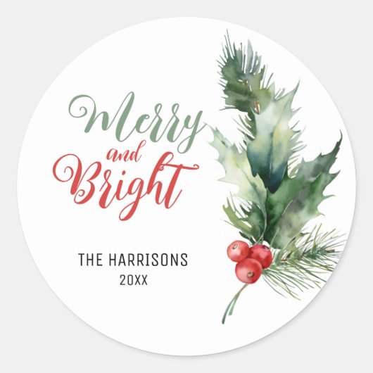 Holly Berries Greenery Vrolijk & helder kerstfeest Ronde Sticker (Voorkant)