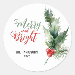 Holly Berries Greenery Vrolijk & helder kerstfeest Ronde Sticker