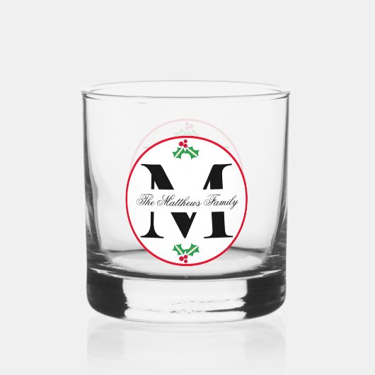 Holly Berries Kerst Vakantie Monogram Familie Whisky Glas (Voorkant)