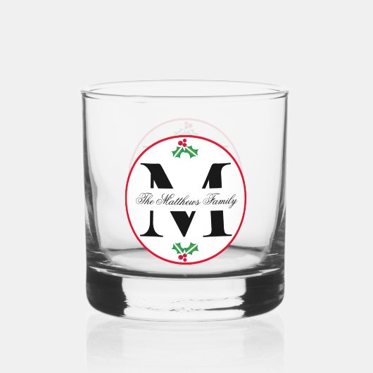 Holly Berries Kerst Vakantie Monogram Familie Whisky Glas (Achterkant)