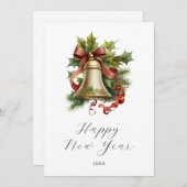 Holly Berries Kerstbel Gelukkig Nieuwjaar Kaart (Voorkant / Achterkant)