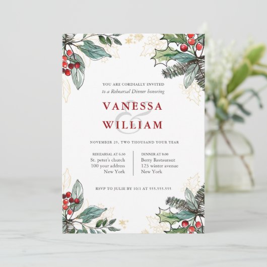 Holly Berries kerstfeest bruiloft repesal Dinner Kaart (Staand voorkant)