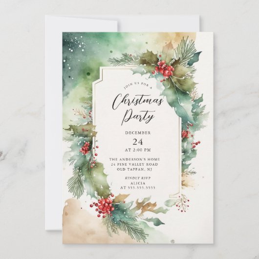 Holly & Berries kerstfeest uitnodiging (Voorkant)