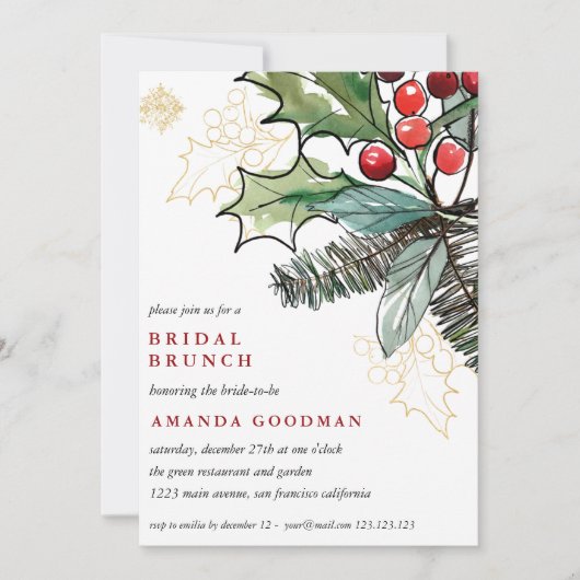 Holly Berries Kerstfeest Weddenschap Bridal Brunch Kaart (Voorkant)