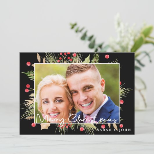 Holly Berries kerstfotokaartje (Staand voorkant)