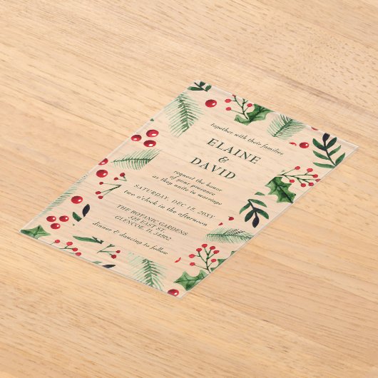Holly Berries Kerstmis Winter Bruiloft Acryl Uitnodigingen (Laagn)