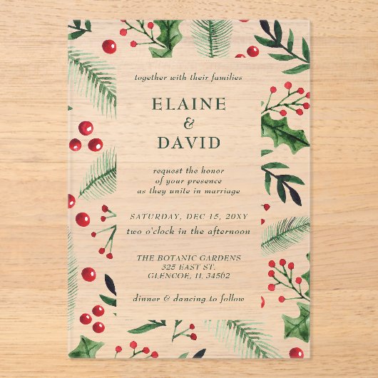 Holly Berries Kerstmis Winter Bruiloft Acryl Uitnodigingen (Voorkant)