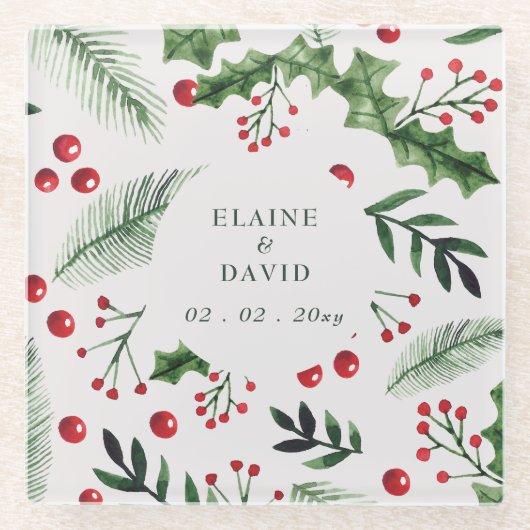 Holly Berries Kerstmis Winter Bruiloft Glazen Onderzetter (Voorkant)