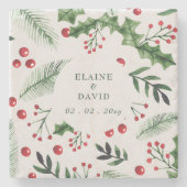 Holly Berries Kerstmis Winter Bruiloft Stenen Onderzetter (Voorkant)
