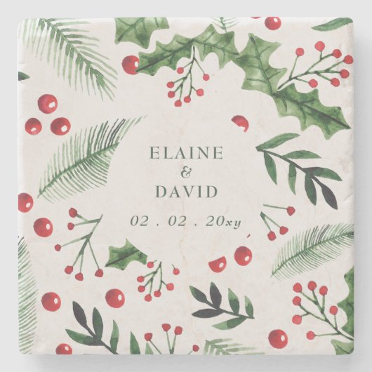 Holly Berries Kerstmis Winter Bruiloft Stenen Onderzetter (Voorkant)
