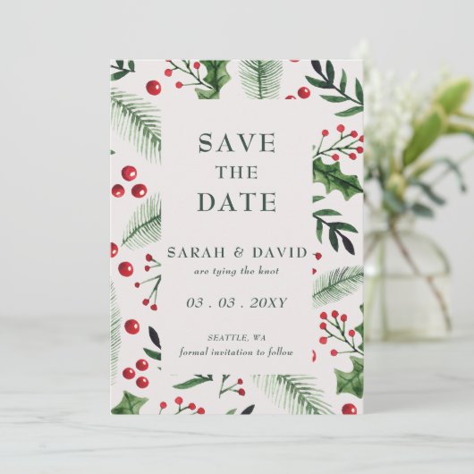 Holly Berries Kerstmis Winter Foto Save The Date (Staand voorkant)