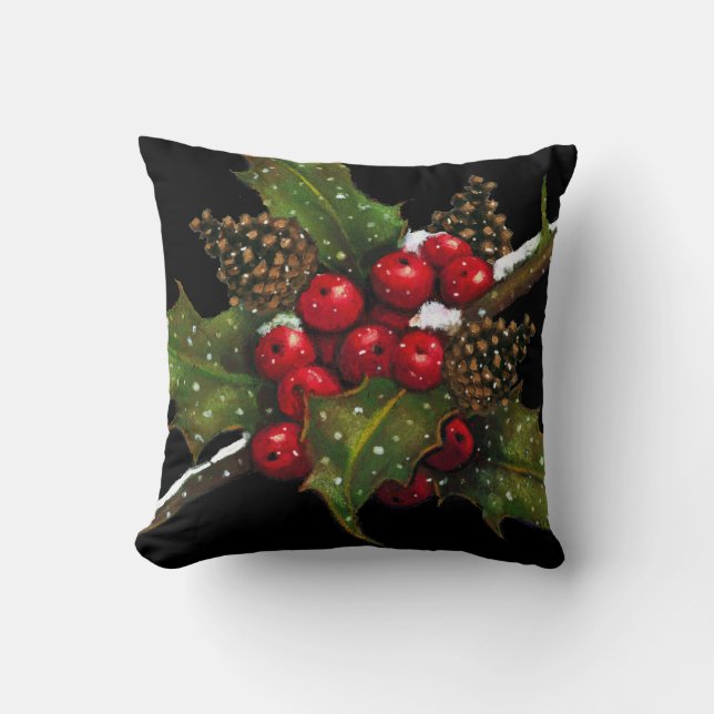 Holly Berries: Kerstschildering op zwart: Kunst Kussen (Voorkant)
