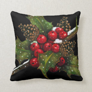 Holly Berries: Kerstschildering op zwart: Kunst Kussen