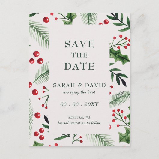 Holly Berries Kerstwinter Save the Date Aankondigingskaart (Voorkant)