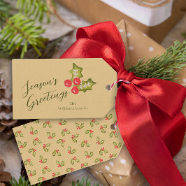 Holly Berries Kitchy Kerst Traditioneel Rood Cadeaulabel